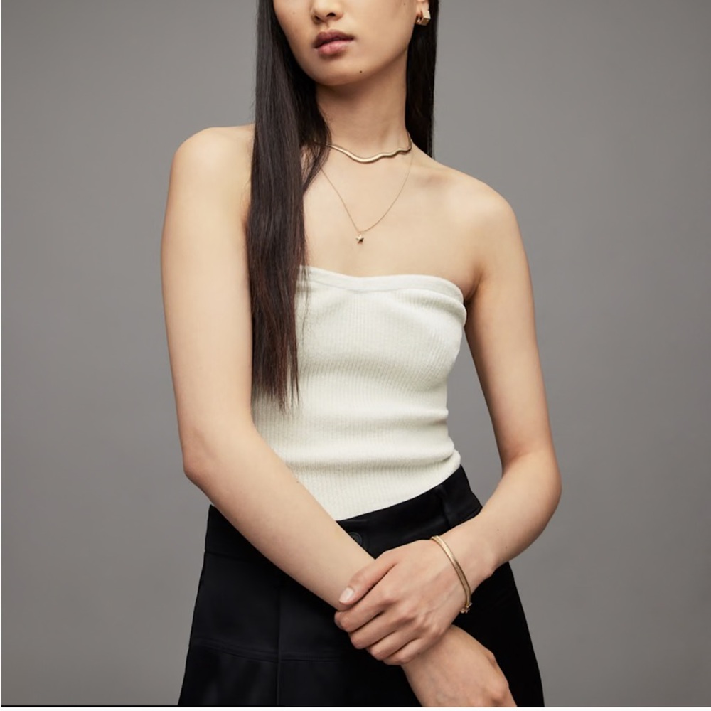 NWT AllSaints Loleatta Rib Chalk White/Silver Strapless Top - Size Medium